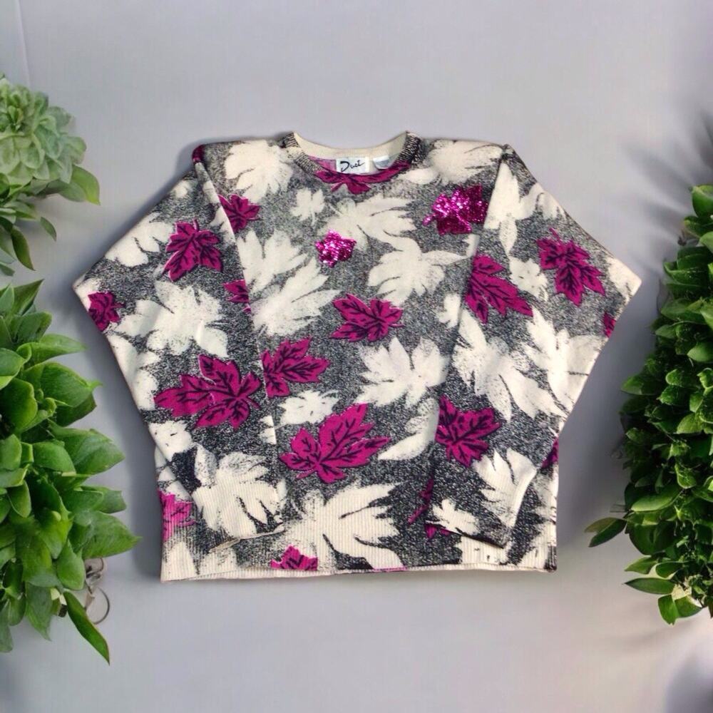 Vintage Lambswool Sweater Leaves Nature Sequin Graphic by Duet Medium Womens